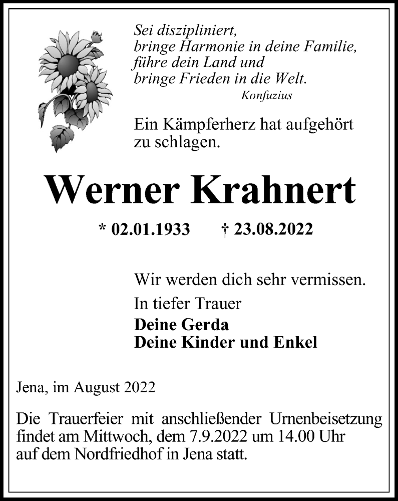  Traueranzeige für Werner Krahnert vom 03.09.2022 aus Ostthüringer Zeitung, Thüringische Landeszeitung
