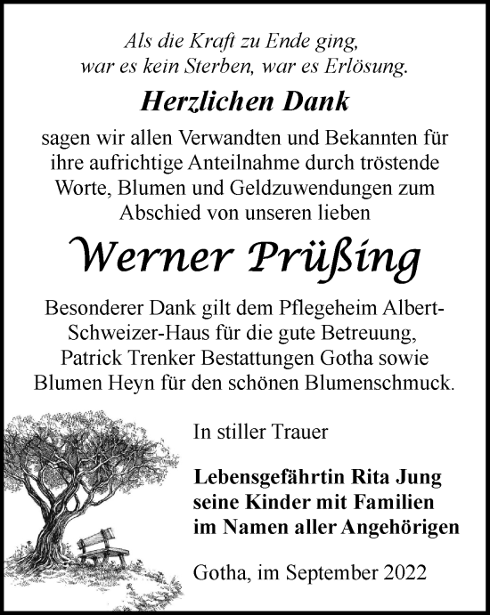 Traueranzeige von Werner Prüßing von Thüringer Allgemeine, Thüringische Landeszeitung