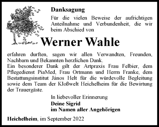 Traueranzeige von Werner Wahle von Thüringer Allgemeine, Thüringische Landeszeitung