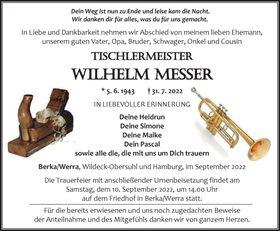 Traueranzeige von Wilhelm Messer von Thüringer Allgemeine, Thüringische Landeszeitung