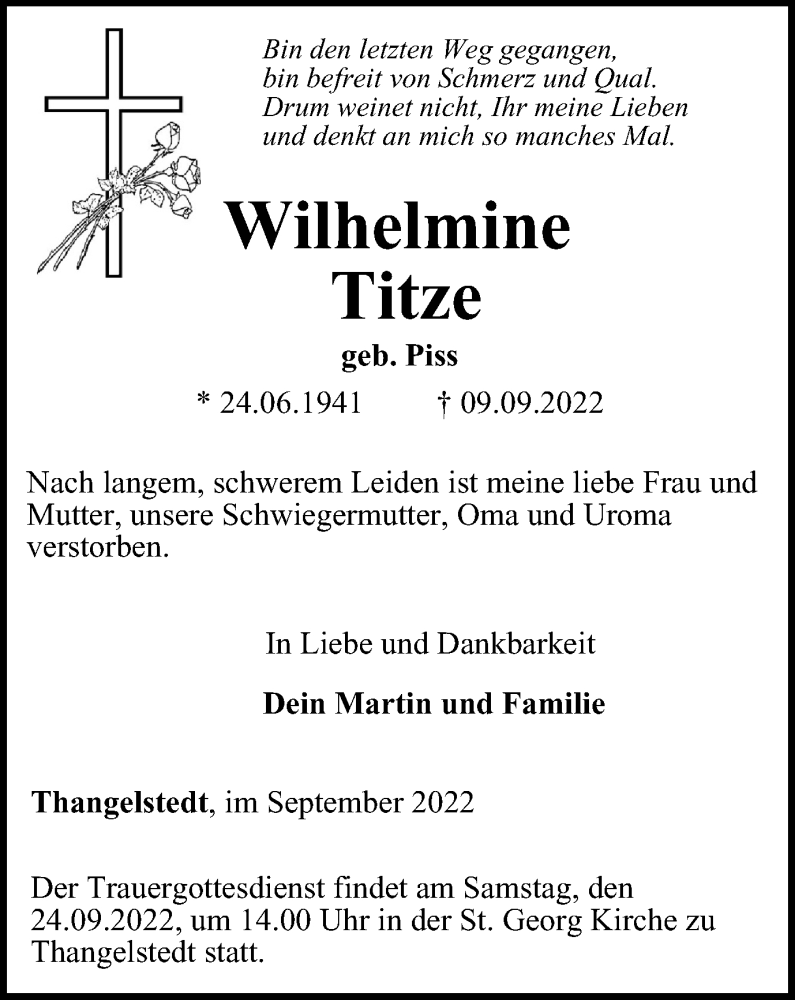  Traueranzeige für Wilhelmine Titze vom 17.09.2022 aus Thüringer Allgemeine, Thüringische Landeszeitung