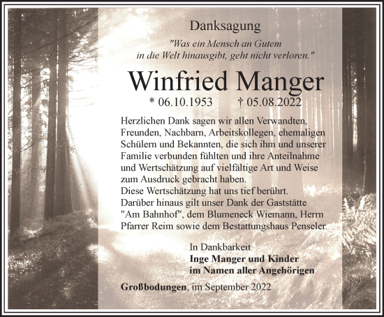 Traueranzeige von Winfried Manger von Thüringer Allgemeine