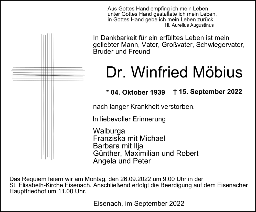  Traueranzeige für Winfried Möbius vom 22.09.2022 aus Thüringer Allgemeine, Thüringische Landeszeitung