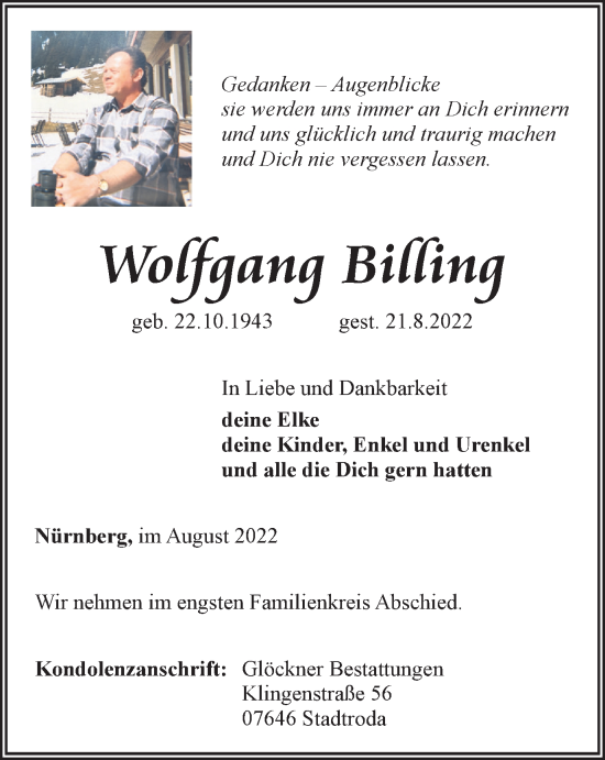 Traueranzeige von Wolfgang Billing von Ostthüringer Zeitung