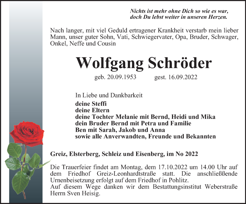  Traueranzeige für Wolfgang Schröder vom 23.09.2022 aus Ostthüringer Zeitung