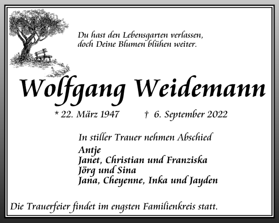 Traueranzeige von Wolfgang Weidemann von Thüringer Allgemeine, Thüringische Landeszeitung