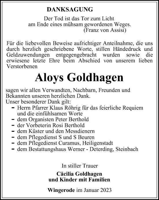 Traueranzeige von Aloys Goldhagen von Thüringer Allgemeine