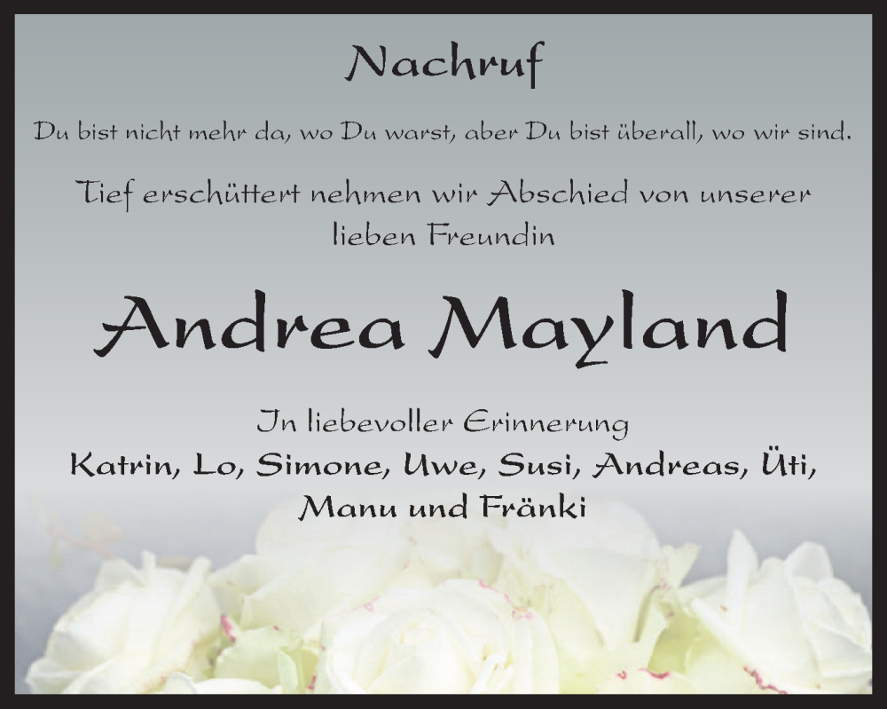  Traueranzeige für Andrea Mayland vom 21.01.2023 aus Thüringer Allgemeine, Thüringische Landeszeitung
