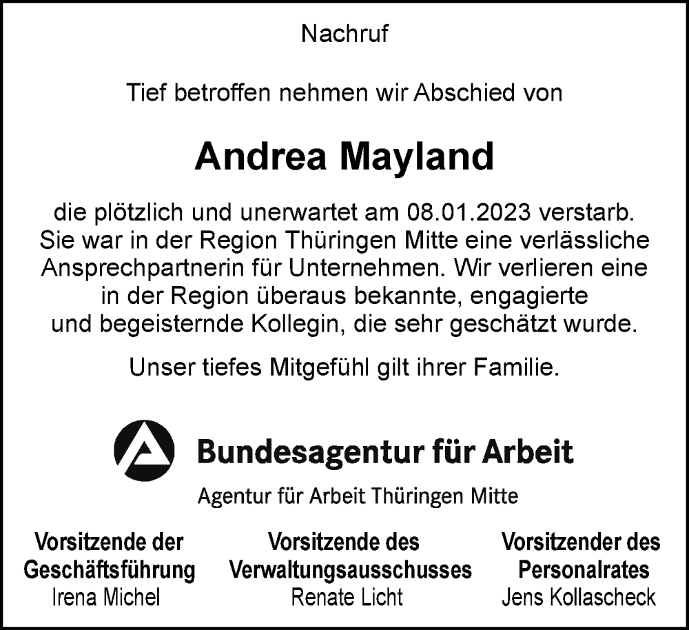  Traueranzeige für Andrea Mayland vom 18.01.2023 aus Thüringer Allgemeine, Thüringische Landeszeitung