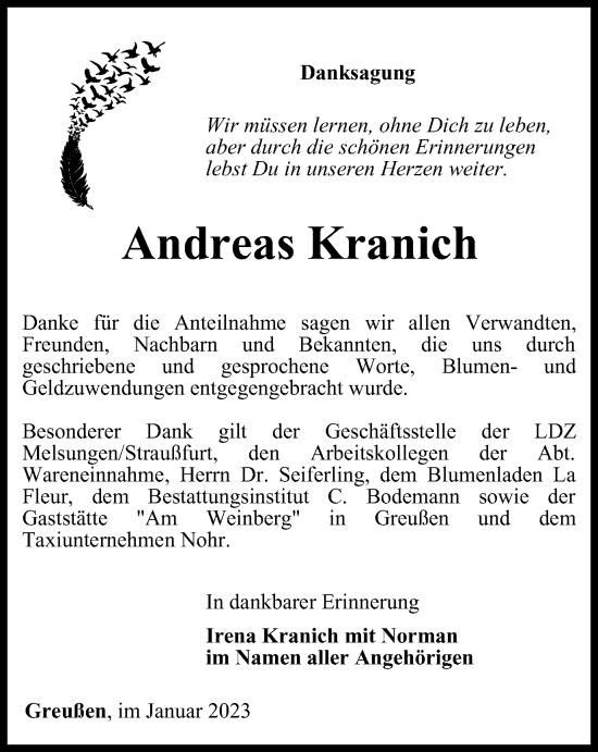 Traueranzeige von Andreas Kranich