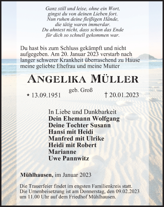 Traueranzeige von Angelika Müller von Thüringer Allgemeine, Thüringische Landeszeitung