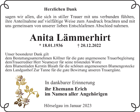 Traueranzeige von Anita Lämmerhirt von Thüringer Allgemeine, Thüringische Landeszeitung