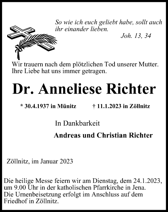 Traueranzeige von Anneliese Richter von Ostthüringer Zeitung, Thüringische Landeszeitung