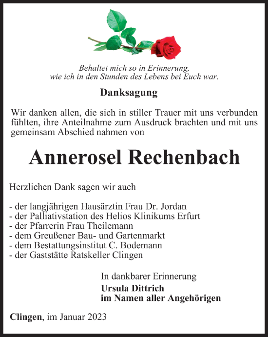 Traueranzeige von Annerosel Rechenbach von Thüringer Allgemeine