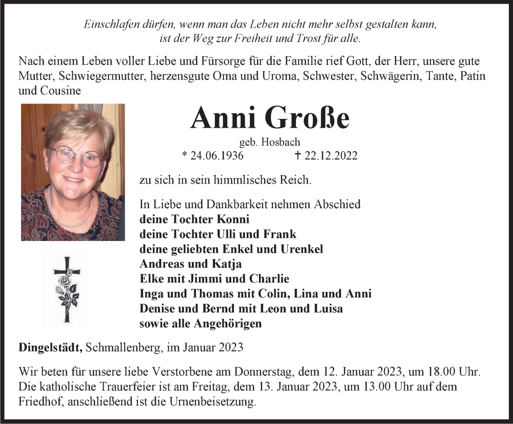  Traueranzeige für Anni Große vom 10.01.2023 aus Thüringer Allgemeine