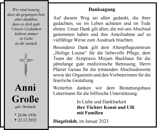 Traueranzeige von Anni Große von Thüringer Allgemeine