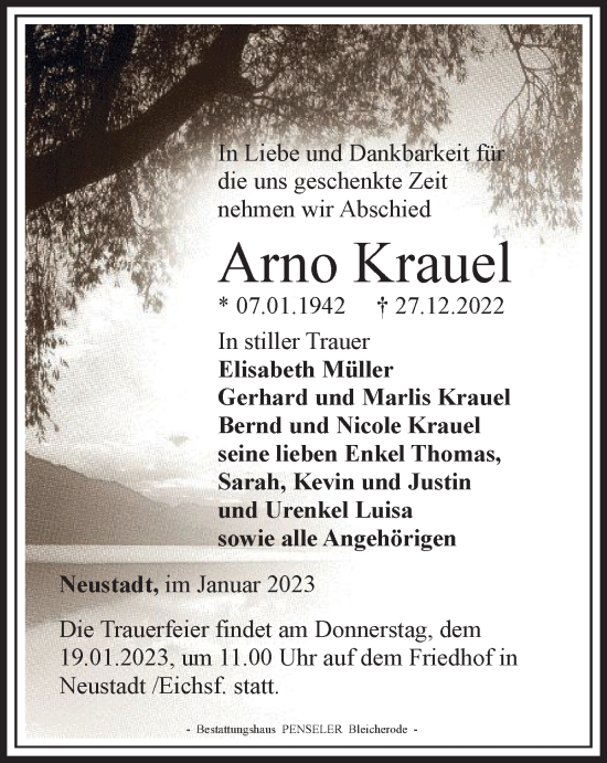 Traueranzeige von Arno Krauel von Thüringer Allgemeine