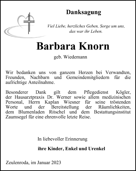 Traueranzeige von Barbara Knorn von Ostthüringer Zeitung