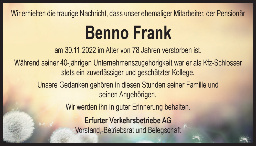  Traueranzeige für Benno Frank vom 14.01.2023 aus Thüringer Allgemeine, Thüringische Landeszeitung