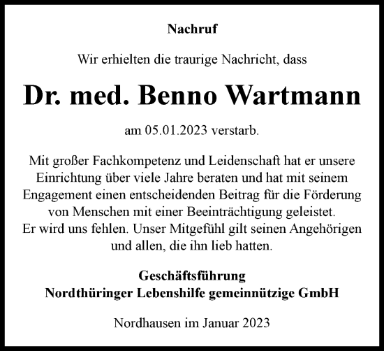 Traueranzeige von Benno Wartmann von Thüringer Allgemeine