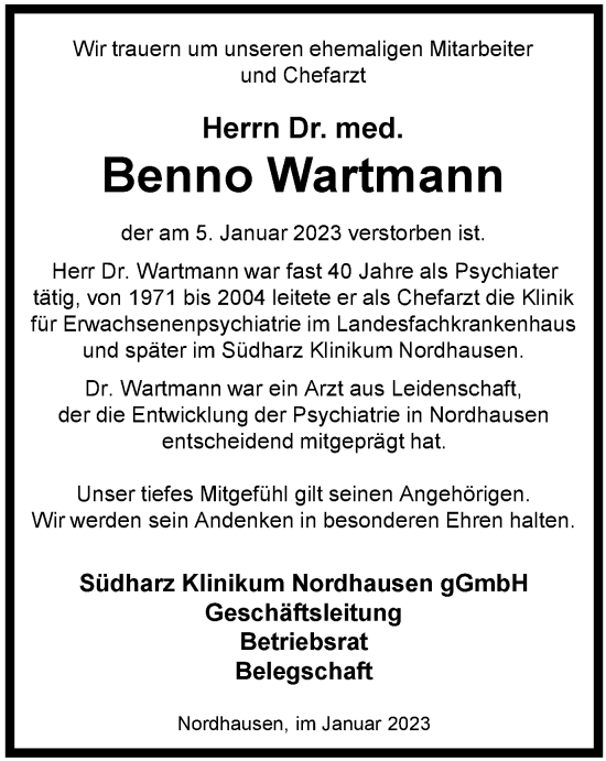 Traueranzeige von Benno Wartmann von Thüringer Allgemeine