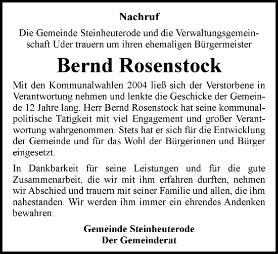 Traueranzeige von Bernd Rosenstock von Thüringer Allgemeine