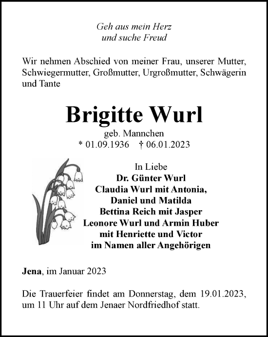 Traueranzeige von Brigitte Wurl von Ostthüringer Zeitung, Thüringische Landeszeitung