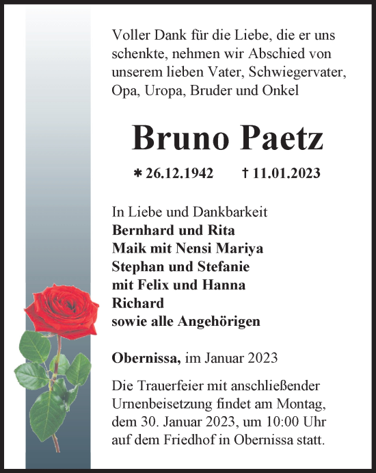 Traueranzeige von Bruno Paetz von Thüringer Allgemeine, Thüringische Landeszeitung