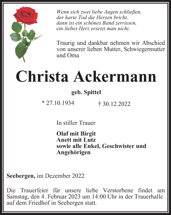 Traueranzeige von Christa Ackermann von Thüringer Allgemeine, Thüringische Landeszeitung