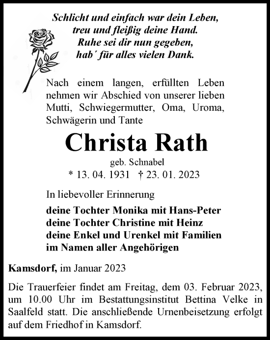 Traueranzeige von Christa Rath von Ostthüringer Zeitung