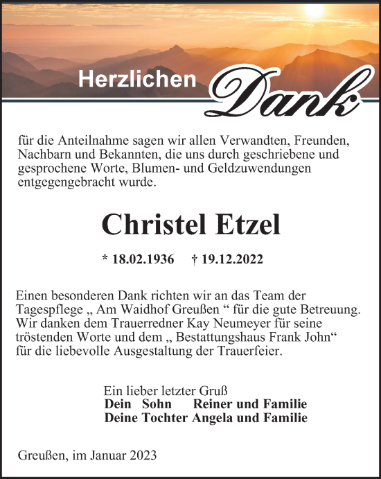 Traueranzeige von Christel Etzel von Thüringer Allgemeine