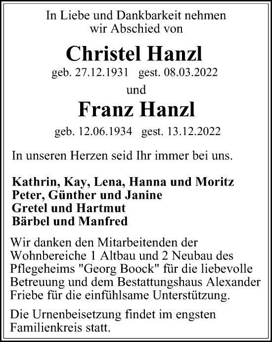 Traueranzeige von Christel und Franz Hanzl