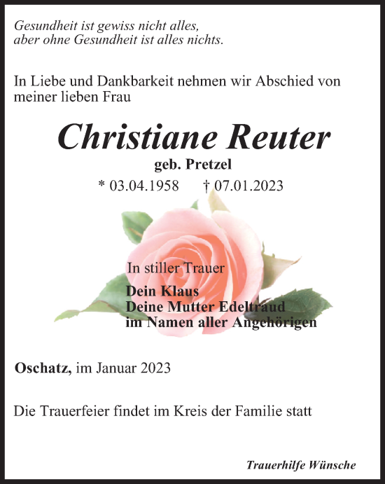 Traueranzeige von Christiane Reuter von Ostthüringer Zeitung