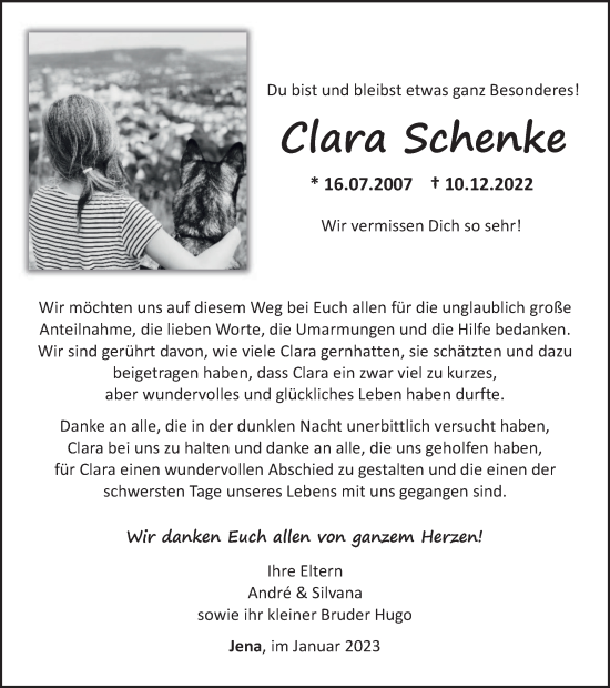 Traueranzeige von Clara Schenke von Ostthüringer Zeitung, Thüringische Landeszeitung