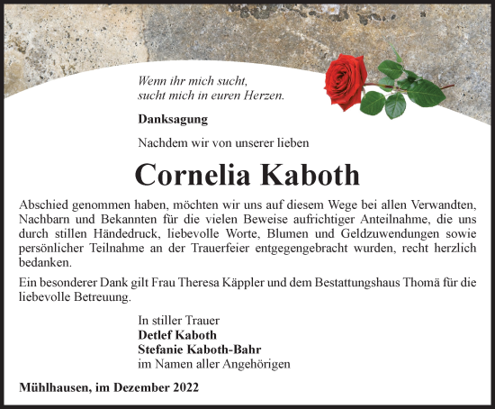 Traueranzeige von Cornelia  Kaboth von Thüringer Allgemeine, Thüringische Landeszeitung