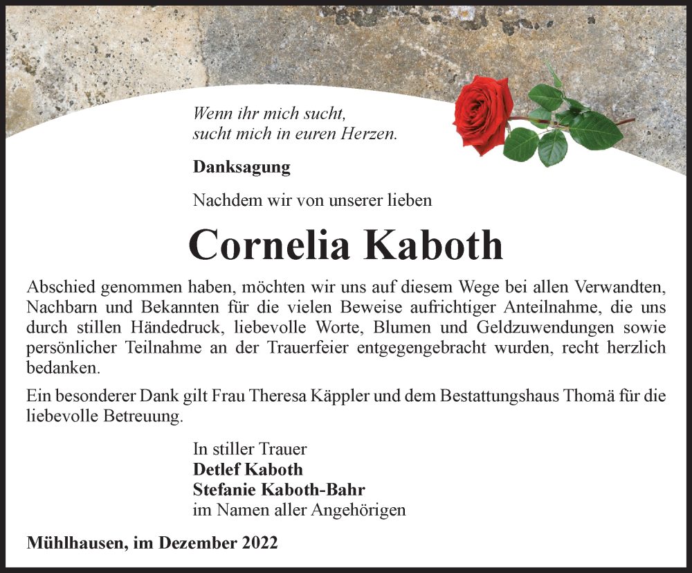  Traueranzeige für Cornelia  Kaboth vom 07.01.2023 aus Thüringer Allgemeine, Thüringische Landeszeitung