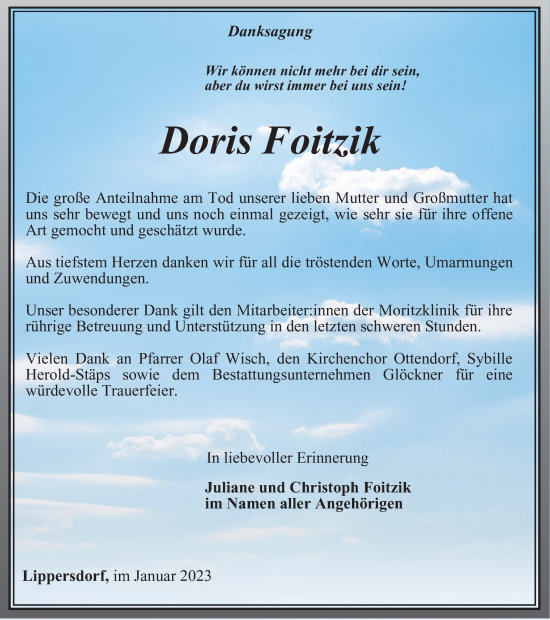 Traueranzeige von Doris Foitzik von Ostthüringer Zeitung