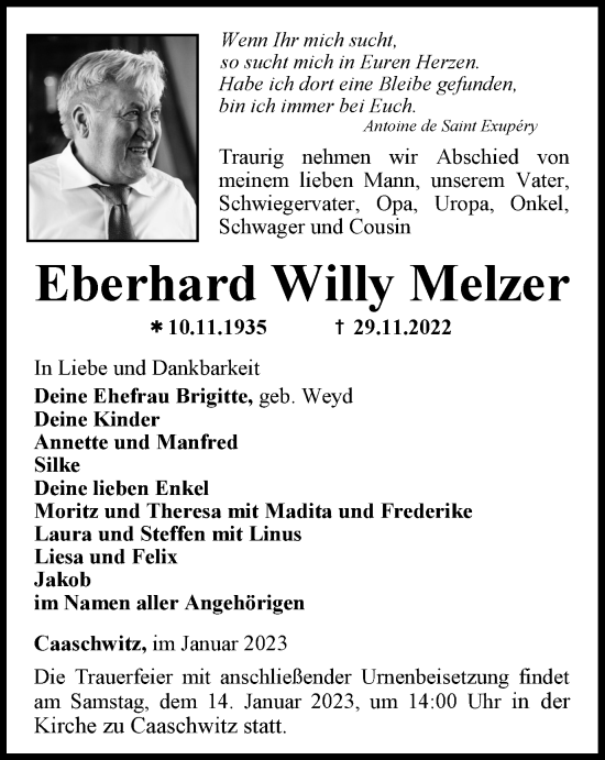 Traueranzeige von Eberhard  Melzer von Ostthüringer Zeitung