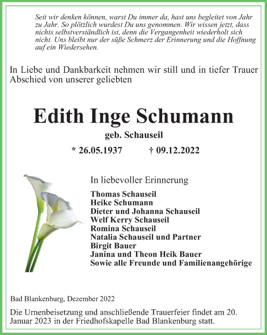 Traueranzeige von Edith Inge Schumann von Ostthüringer Zeitung