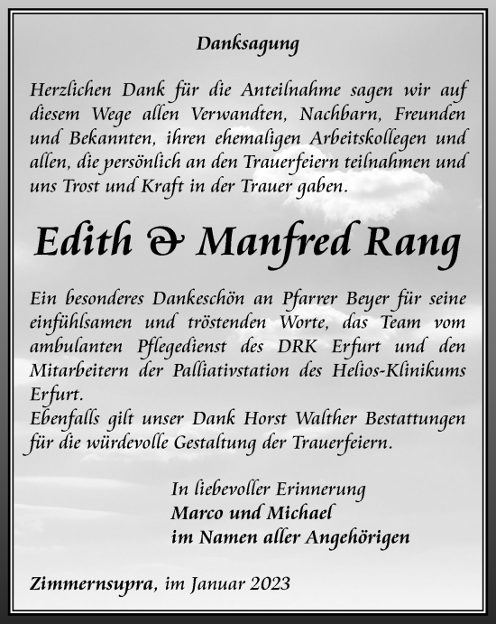 Traueranzeige von Edith und Manfred Rang von Thüringer Allgemeine, Thüringische Landeszeitung