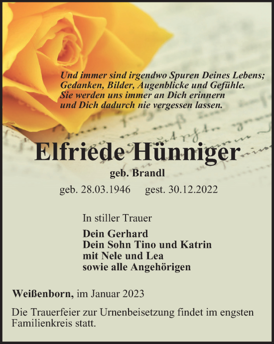 Traueranzeige von Elfriede Hünniger von Ostthüringer Zeitung