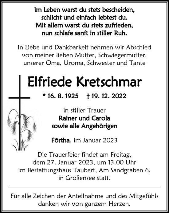 Traueranzeige von Elfriede Kretschmar von Thüringer Allgemeine, Thüringische Landeszeitung