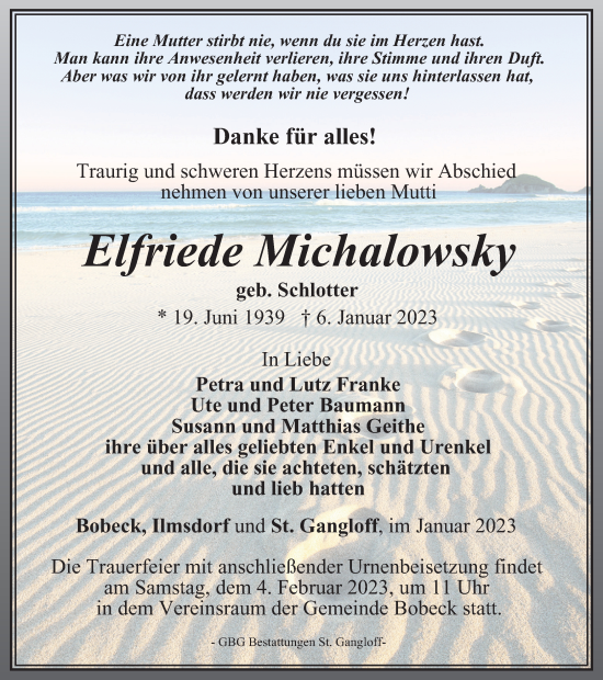 Traueranzeige von Elfriede Michalowsky von Ostthüringer Zeitung