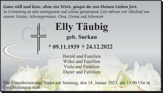 Traueranzeige von Elly Täubig von Thüringer Allgemeine