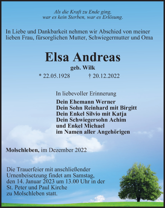 Traueranzeige von Elsa Andreas von Thüringer Allgemeine, Thüringische Landeszeitung