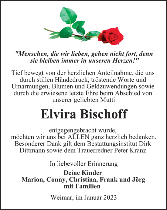 Traueranzeige von Elvira Bischoff von Thüringer Allgemeine, Thüringische Landeszeitung