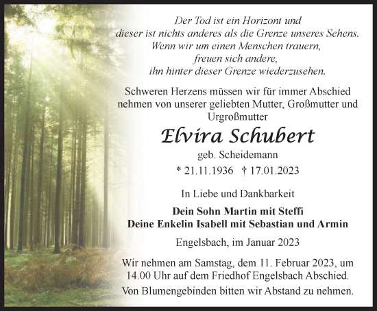 Traueranzeige von Elvira Schubert von Thüringer Allgemeine, Thüringische Landeszeitung