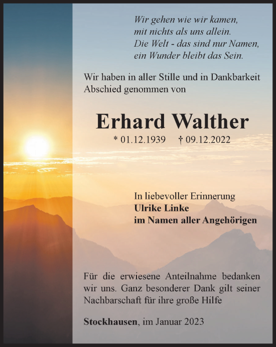 Traueranzeige von Erhard Walther von Thüringer Allgemeine, Thüringische Landeszeitung