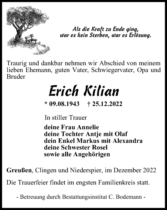 Traueranzeige von Erich Kilian von Thüringer Allgemeine