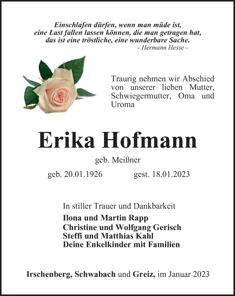  Traueranzeige für Erika Hofmann vom 20.01.2023 aus Ostthüringer Zeitung